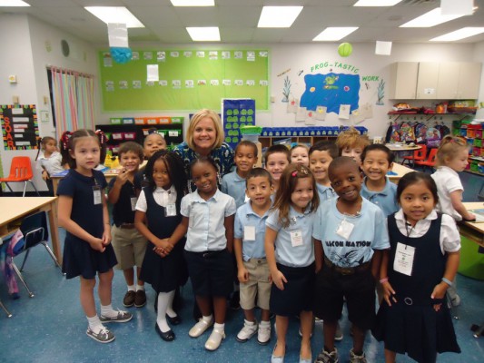 Mrs. Chesney's Kindergarten Class is wearing BLUE to support Anti-Bullying Day! Go Falcons!!